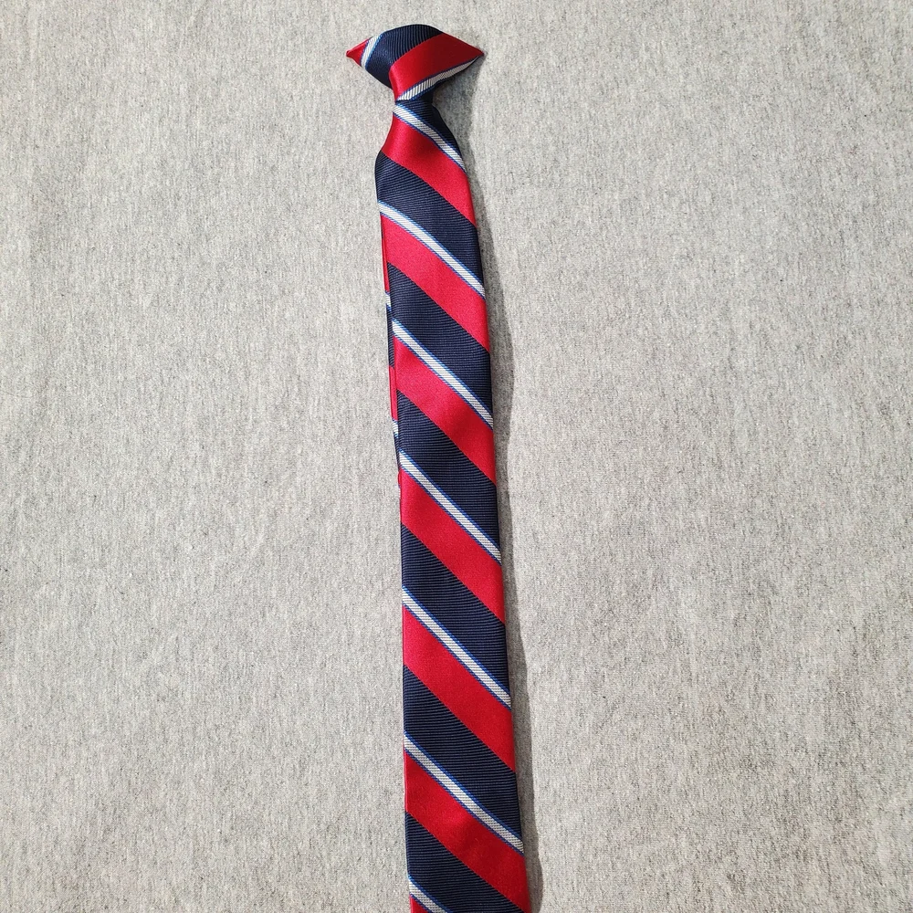 Boys Slim Red, Navy, & White Striped Clip On Tie